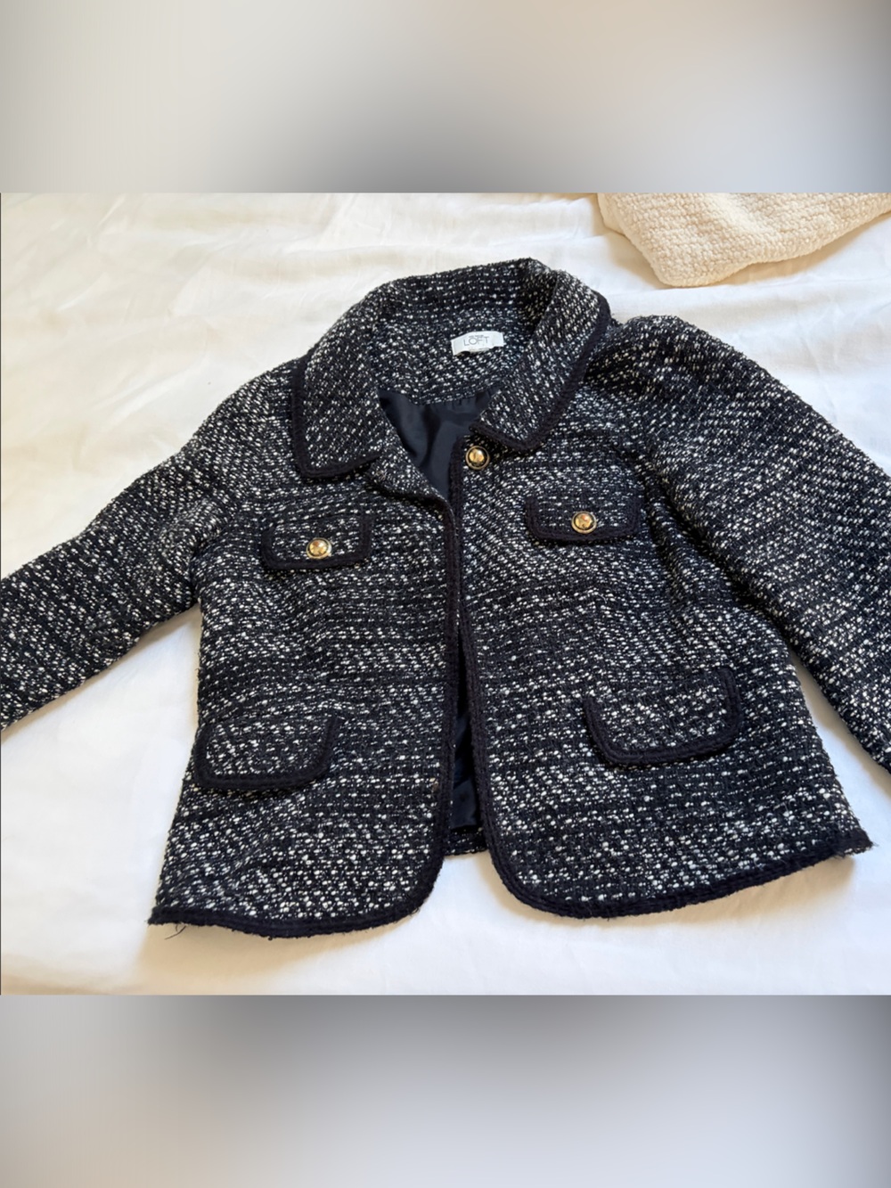 LOFT Navy and White Bouclé Blazer with Gold Buttons